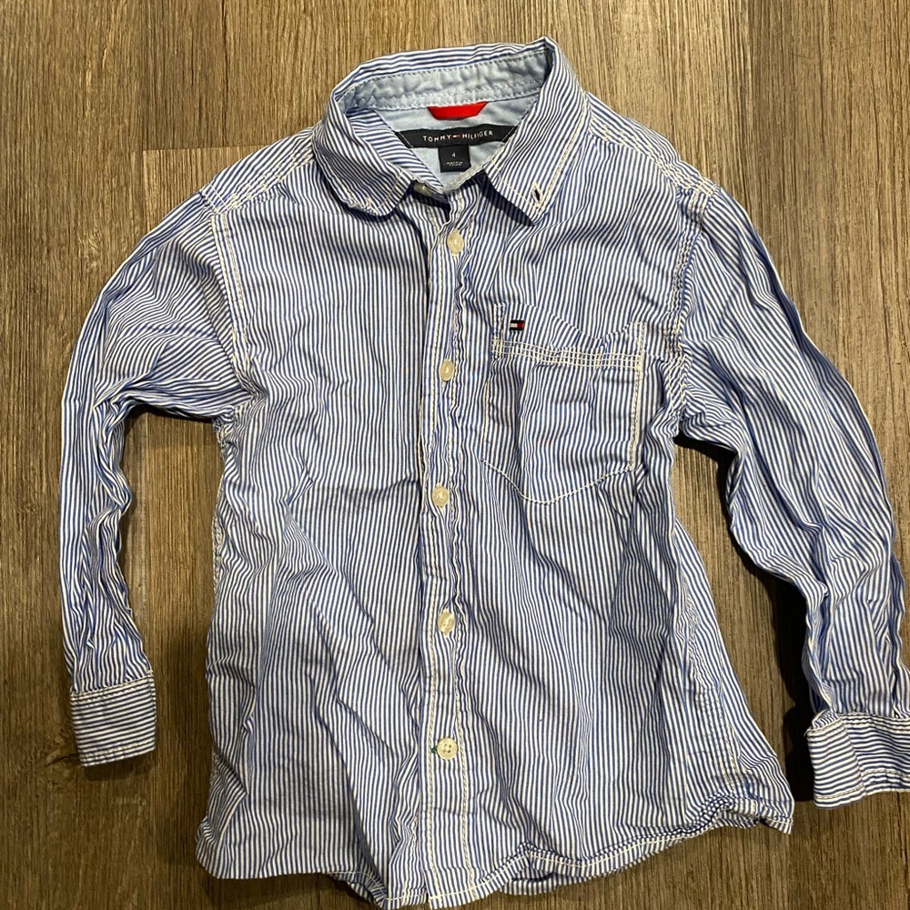 Tommy Hilfiger stripe long sleeve button up dress shirt, kid size 4 boys
